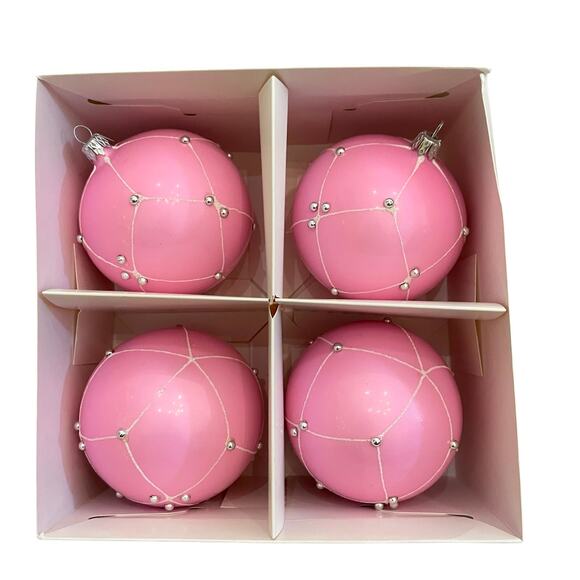 Pink Beaded Christmas Ornaments Handmade In Poland Set of 4 New